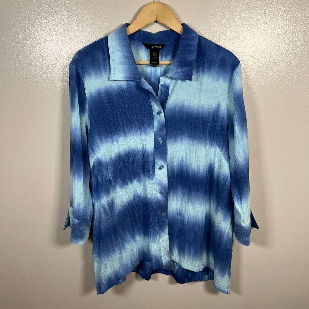 Ali Miles Crinkle Tunic Button Up Top Size Large Blue Tie Dye Artsy Art to Wear